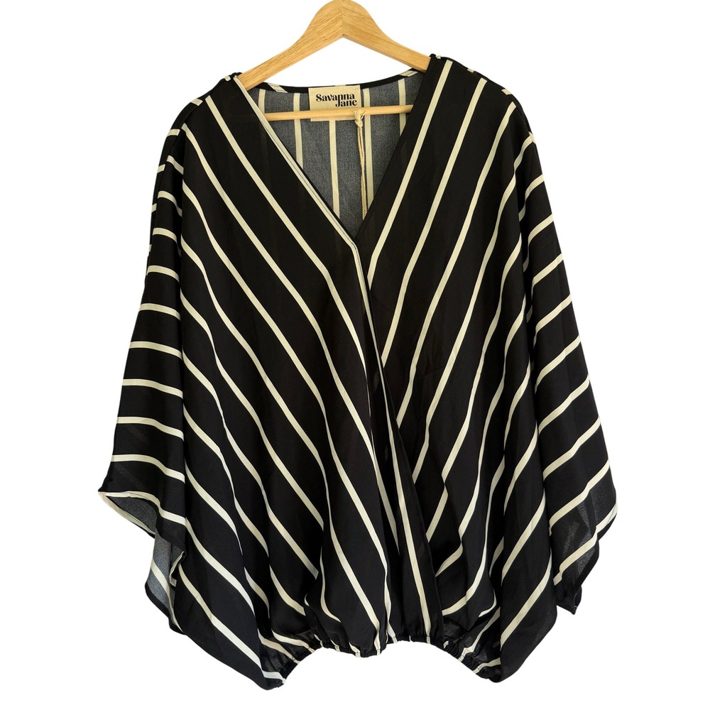 Savanna Jane Womens 2X Black White Striped V-Neck Kimono Sleeve Blouse NWT